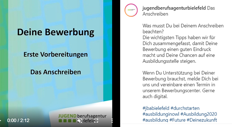 Screenshot des Instagram-Posts zum Thema "Bewerbung". Hier gibt die Jugendberufsagentur in einem kurzen Video Tipps.