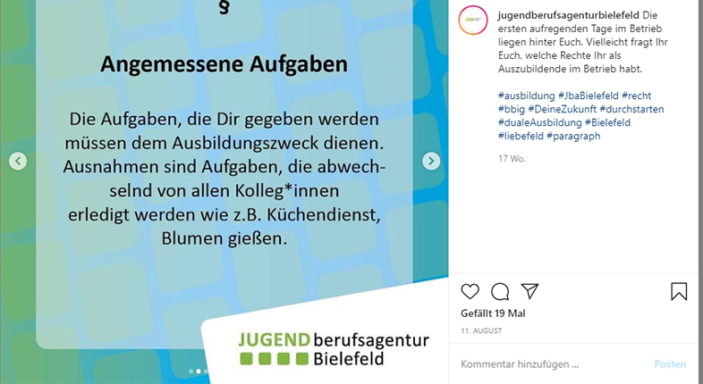 Screenshot des Instagram-Posts zum Thema "Meine Rechte als Azubi"